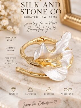 Gold Bamboo Statement Cuff Bracelet with Sculptural Pearl Petal Flower NEW